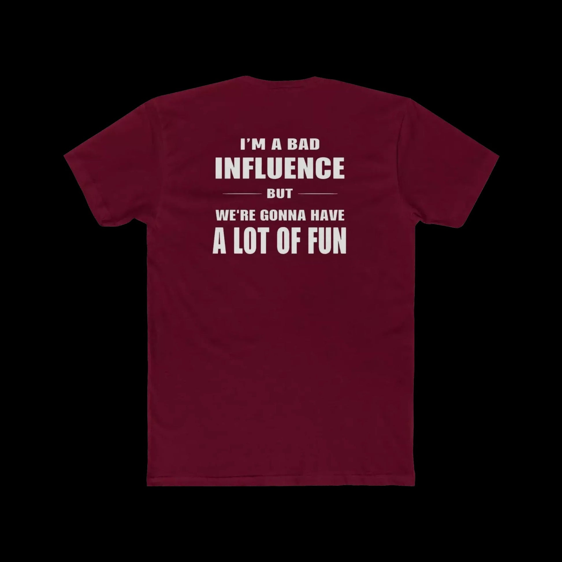 A maroon t-shirt with white text on the back.