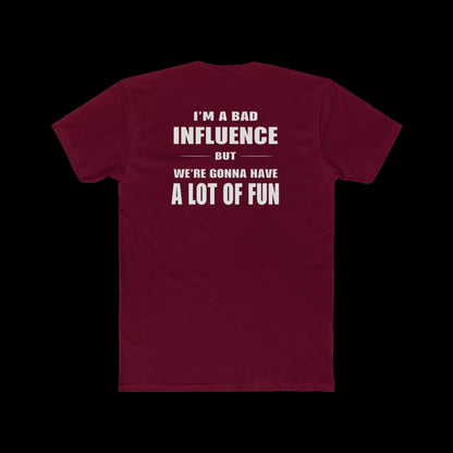 A maroon t-shirt with white text on the back.