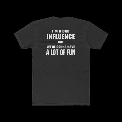 a black t-shirt with white text on the back.