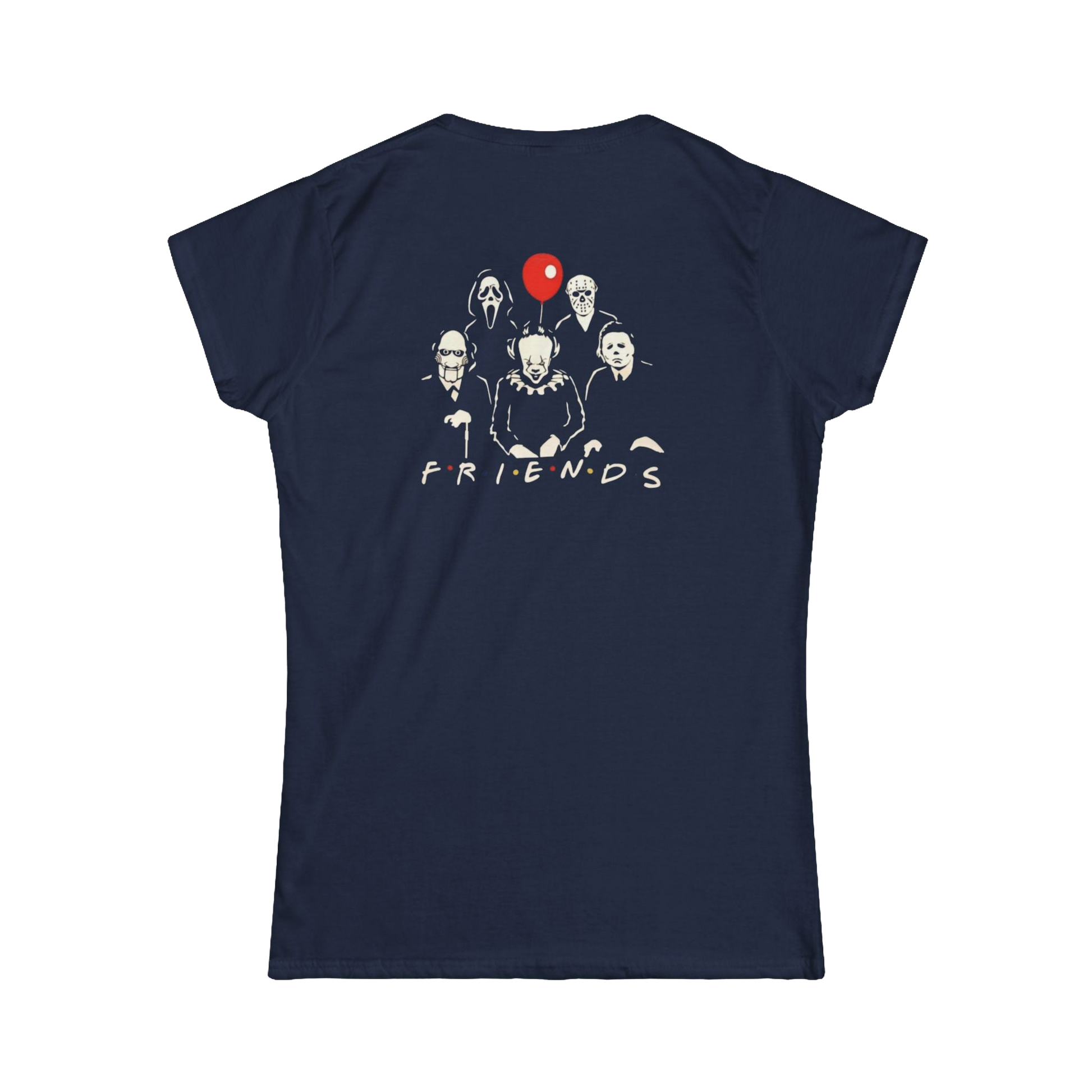 A navy blue t-shirt with a graphic design featuring silhouettes of five people and a red balloon.