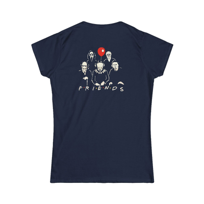 A navy blue t-shirt with a graphic design featuring silhouettes of five people and a red balloon.