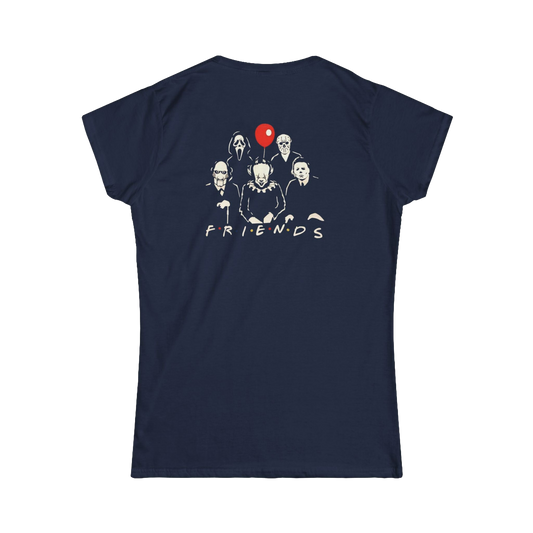 A navy blue t-shirt with a graphic design featuring silhouettes of five people and a red balloon.