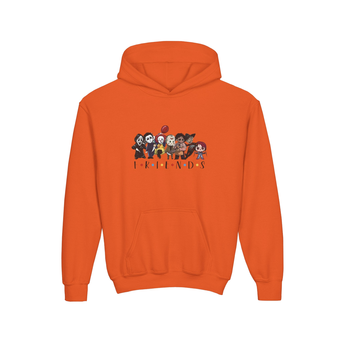 An orange hoodie with a graphic design featuring a group of cartoon characters.