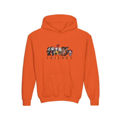 An orange hoodie with a graphic design featuring a group of cartoon characters.