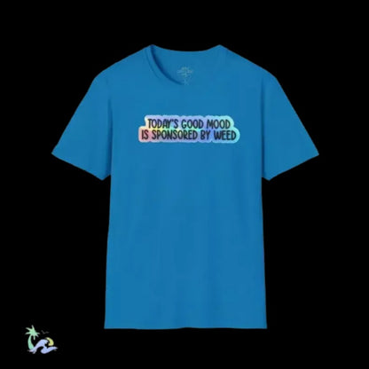 A blue t-shirt with text printed on it.