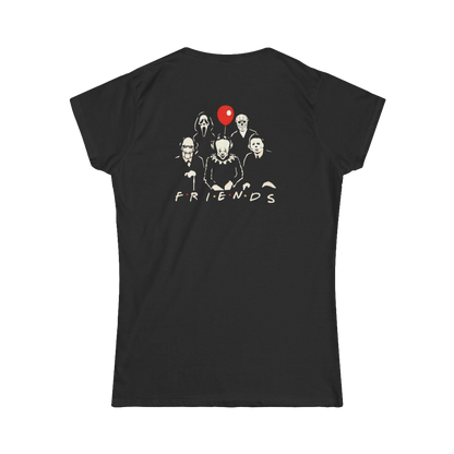 a black t-shirt with a graphic design on the back, depicting five silhouetted figures, including one with a red balloon. Above the figures, the text "FRIENDS" is written in white.