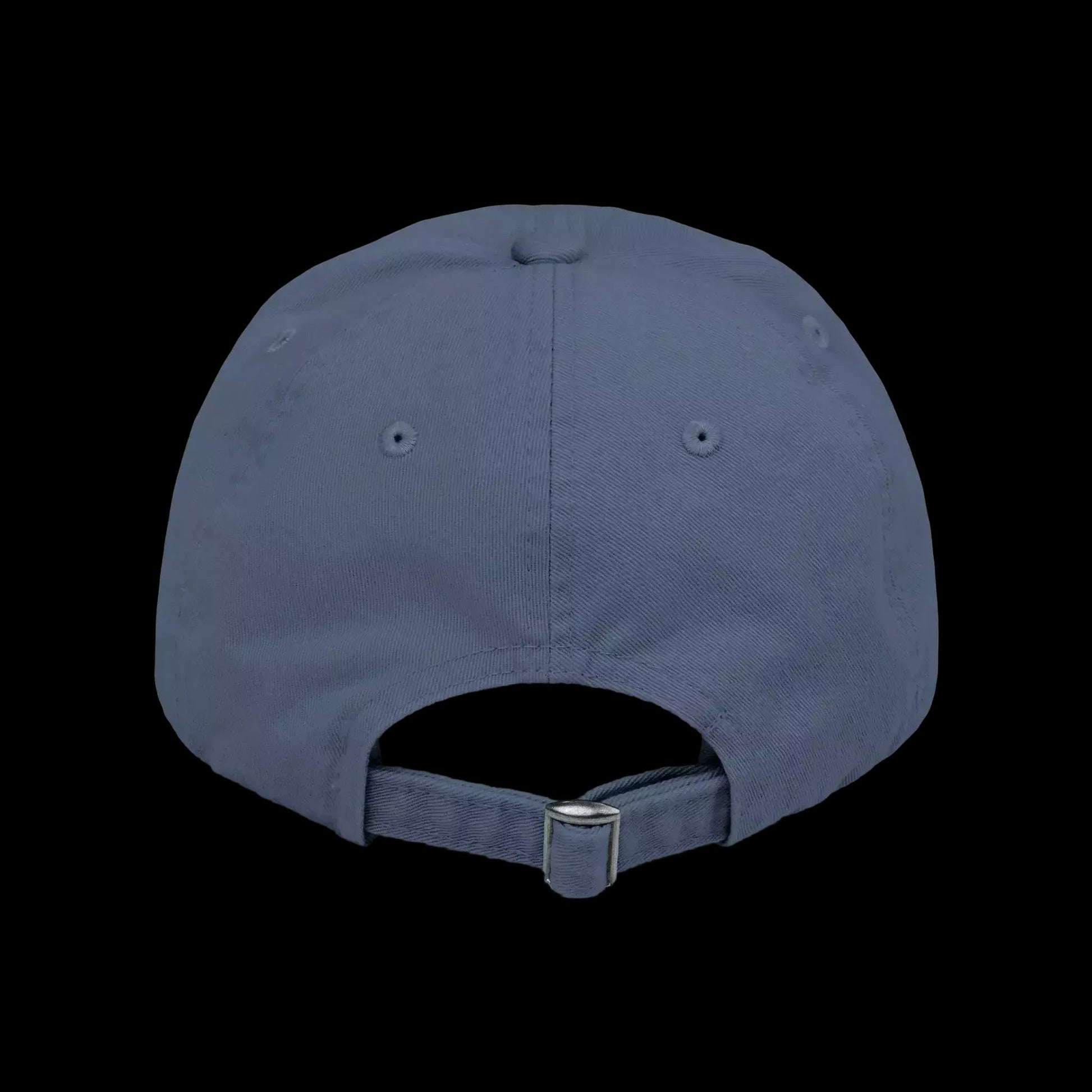 A gray baseball cap with a metal buckle and a black background.