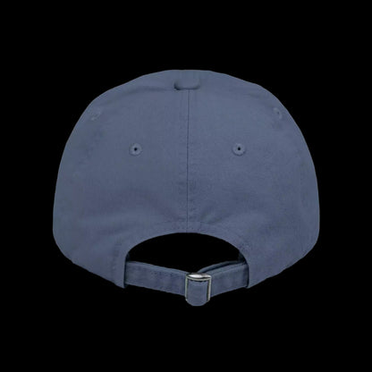 A gray baseball cap with a metal buckle and a black background.