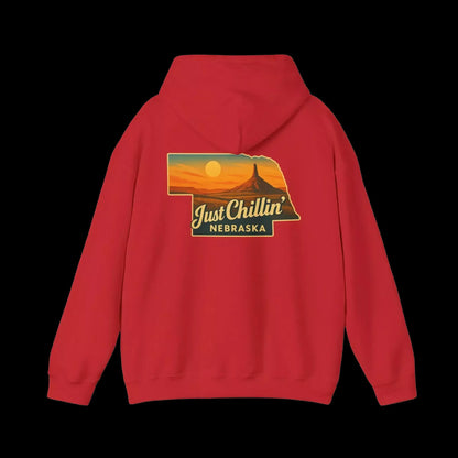 A red hoodie with a graphic design on the back, depicting a sunset over the state of Nebraska.