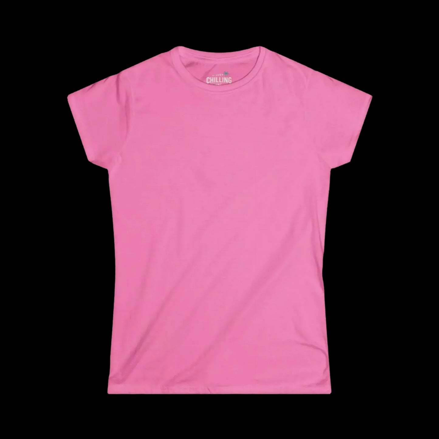 A pink t-shirt is shown against a black background.