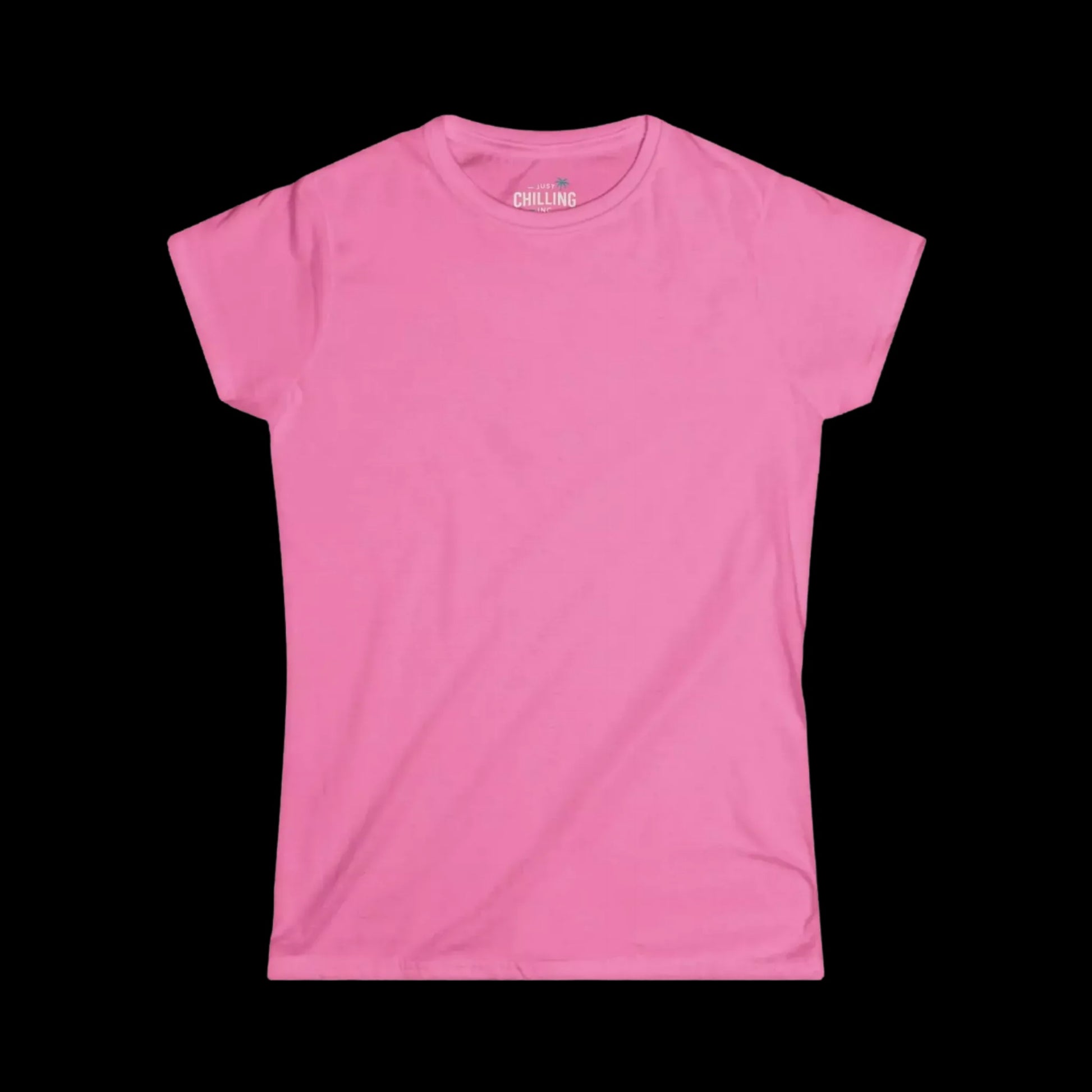 A pink t-shirt is shown against a black background.