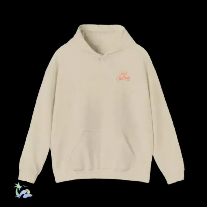A beige hoodie with a small orange logo on the left side.