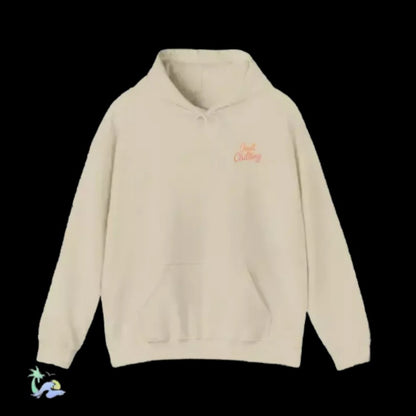 A beige hoodie with a small orange logo on the left side.