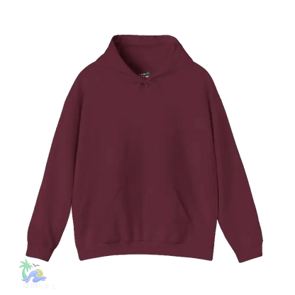 A maroon hoodie with a simple collar and front pocket.