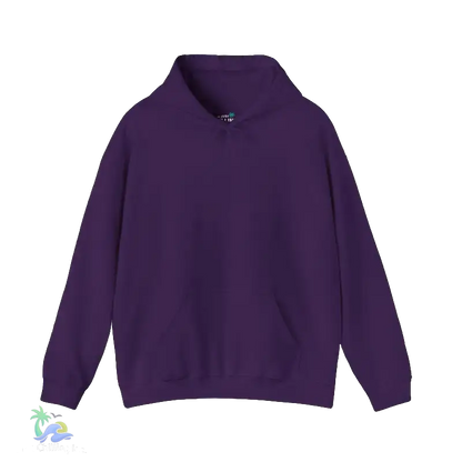 A purple hoodie with a high collar and long sleeves is shown against a black background.