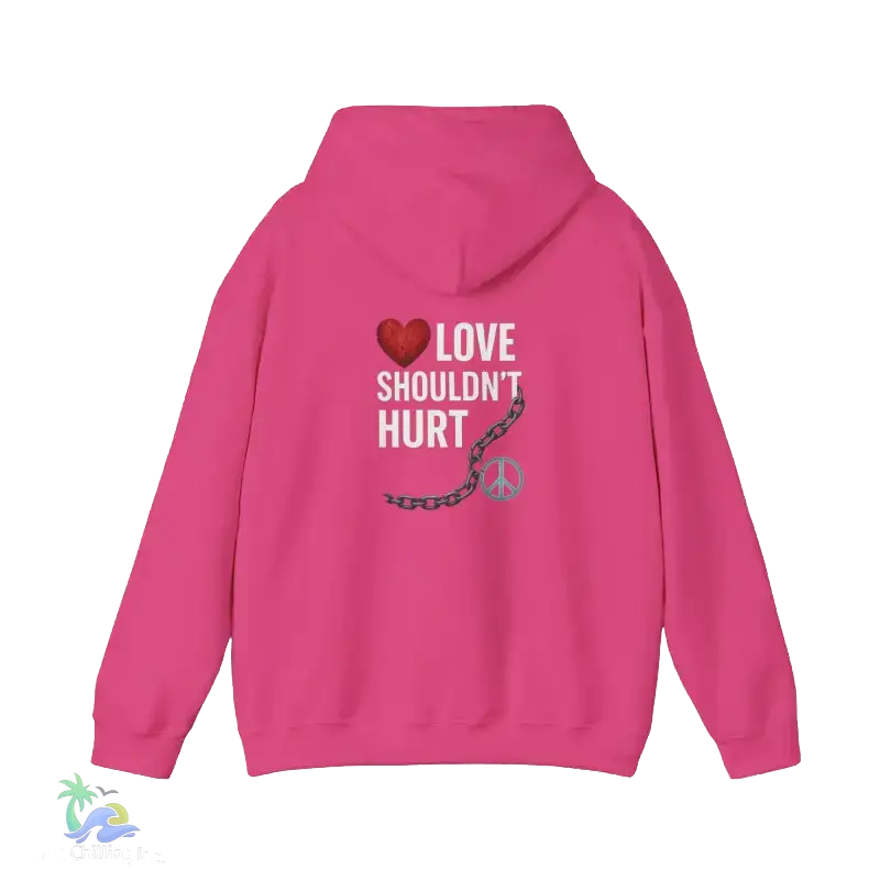 A bright pink hoodie with the text "LOVE SHOULDN'T HURT" and a peace symbol printed on the back.