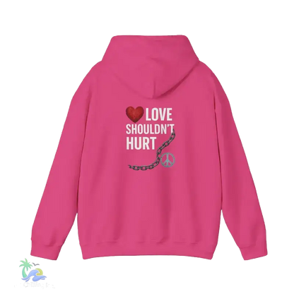 A bright pink hoodie with the text "LOVE SHOULDN'T HURT" and a peace symbol printed on the back.