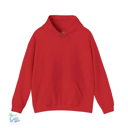 A red hoodie with a front pocket is shown against a black background.