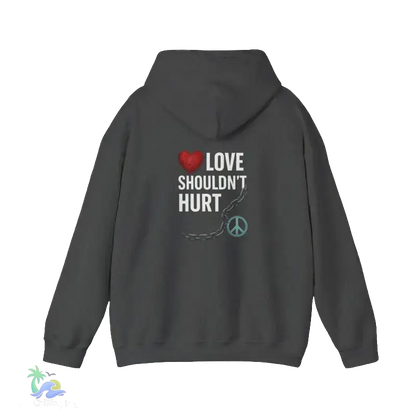 A grey hooded sweatshirt with a graphic design on the back.