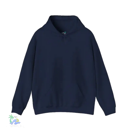 A navy blue hoodie with a simple collar and front pocket.