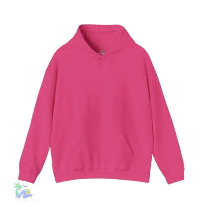 A bright pink hoodie with a high collar and long sleeves is shown against a black background.