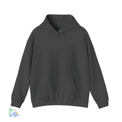 A gray hoodie with a front pocket is shown against a black background.