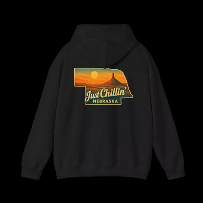 A black hoodie with a graphic design on the back, depicting a sunset over the state of Nebraska.