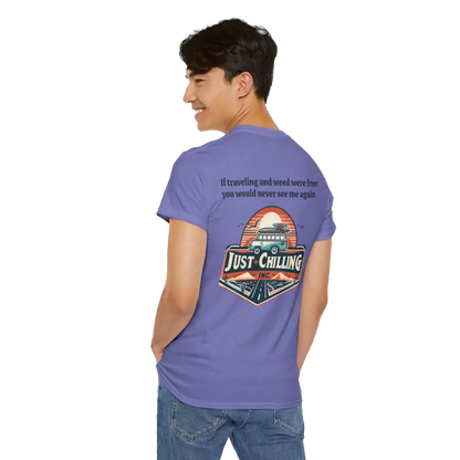 A person wearing a purple t-shirt with a graphic design and text on the back.