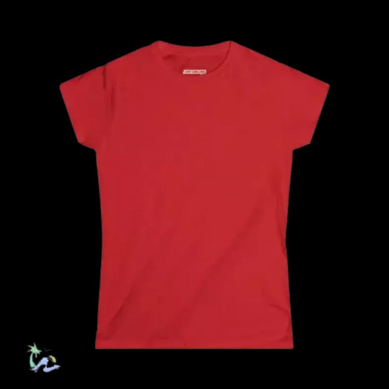 A red t-shirt is displayed against a black background.