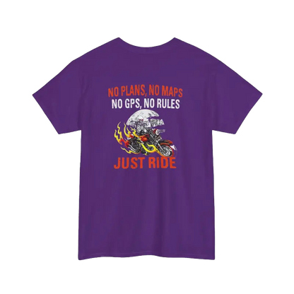 The image is a purple t-shirt with a graphic design and text printed on it.