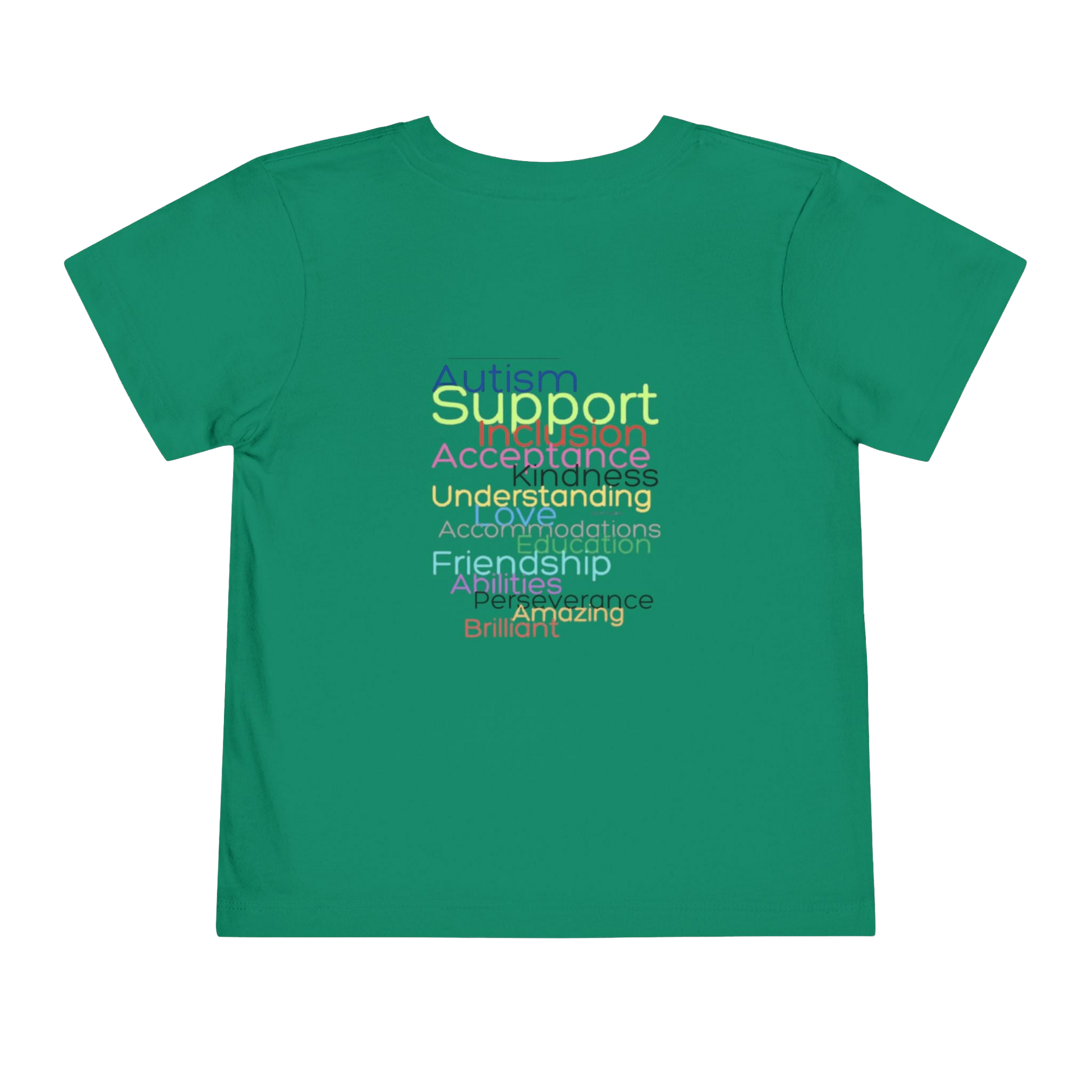 The image is a green t-shirt with text printed on it.