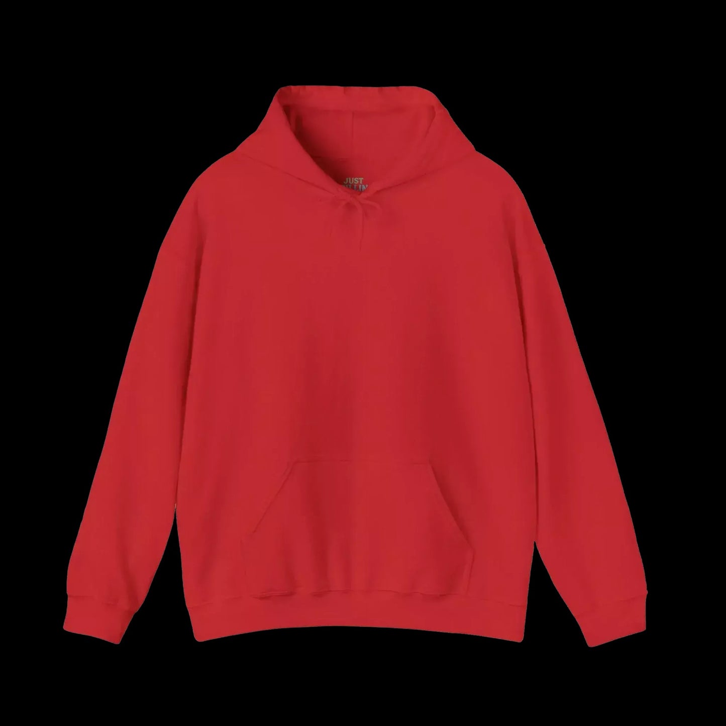 A red hoodie with a front pocket is shown against a black background.