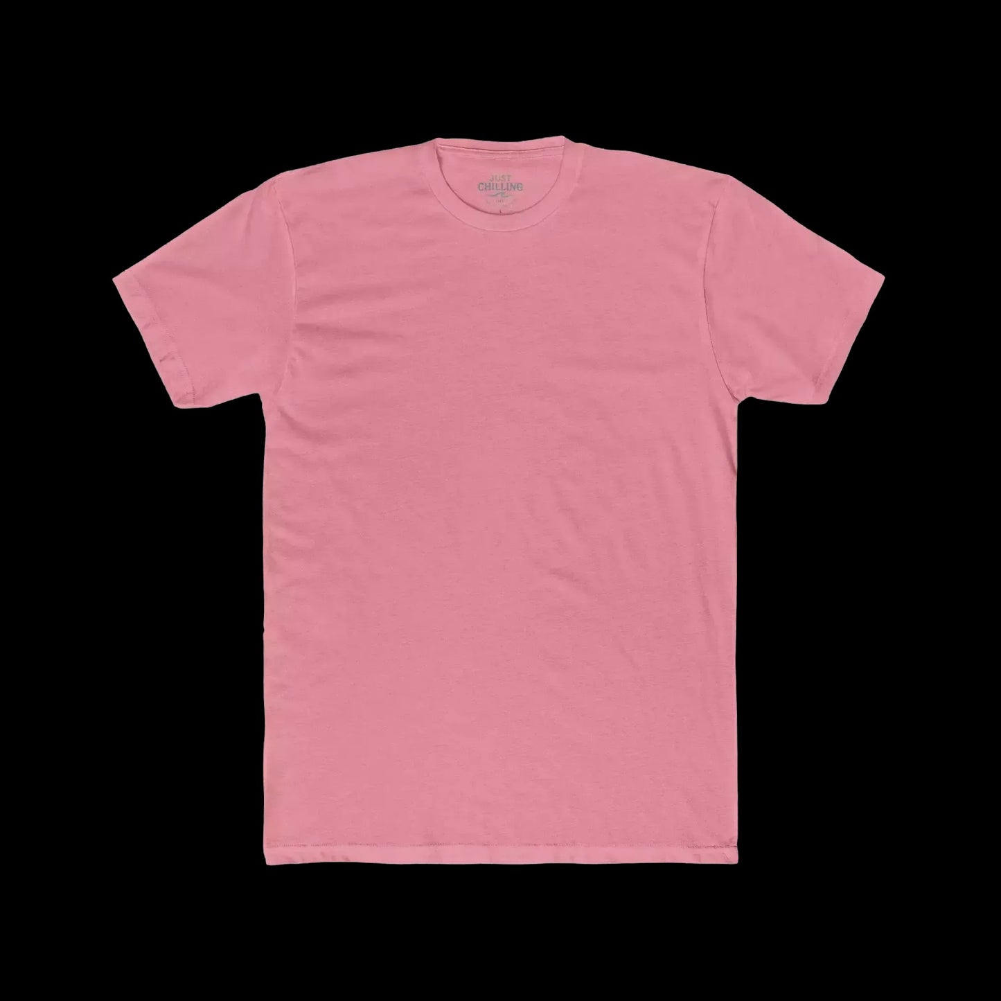 A plain, light pink t-shirt is shown against a black background.
