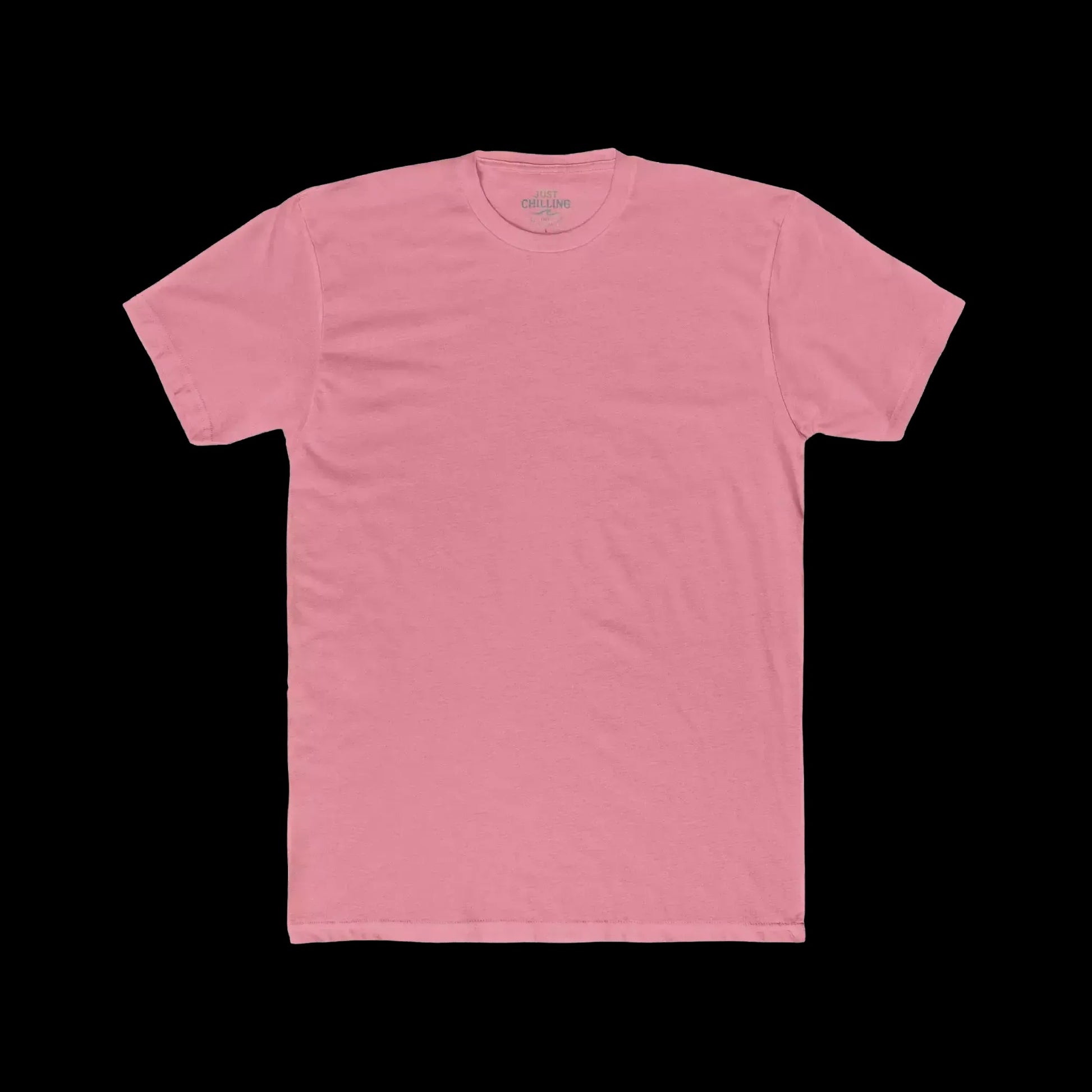 A plain, light pink t-shirt is shown against a black background.
