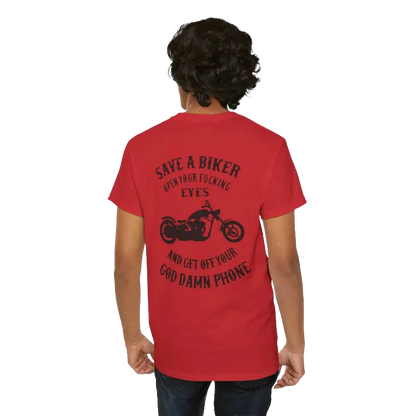 the back of a person wearing a red t-shirt with a graphic design and text printed on it.