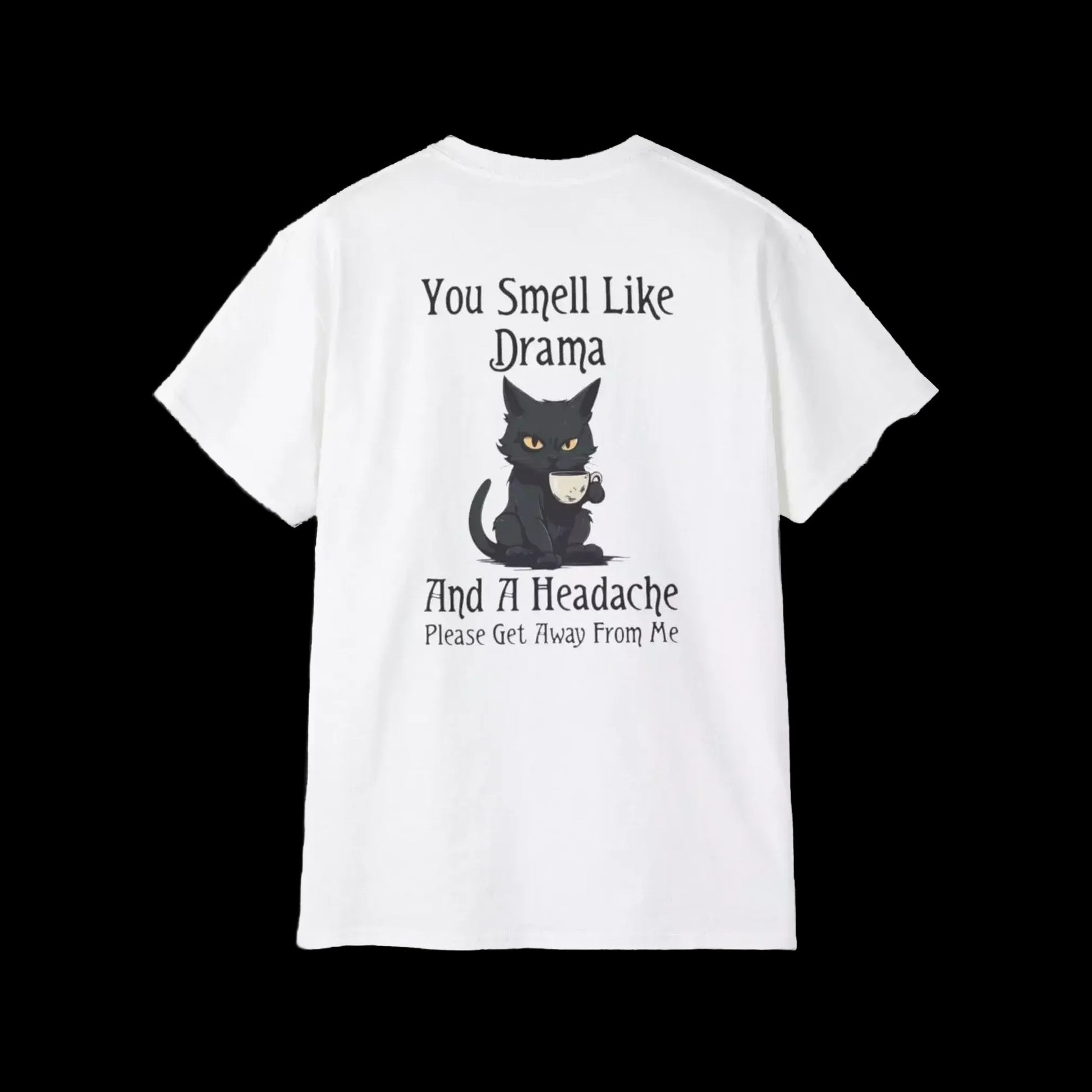 A white t-shirt with a black cat graphic and text printed on it.