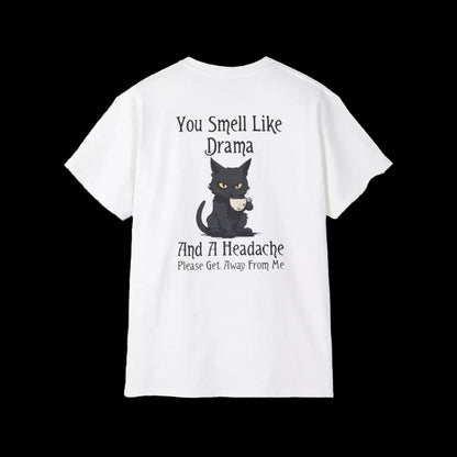 A white t-shirt with a black cat graphic and text printed on it.