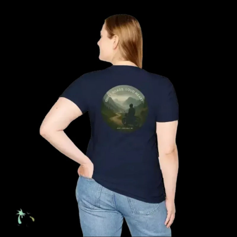 A woman wearing a navy blue t-shirt with a circular graphic on the back, featuring a silhouette of a person sitting in a meditative pose.