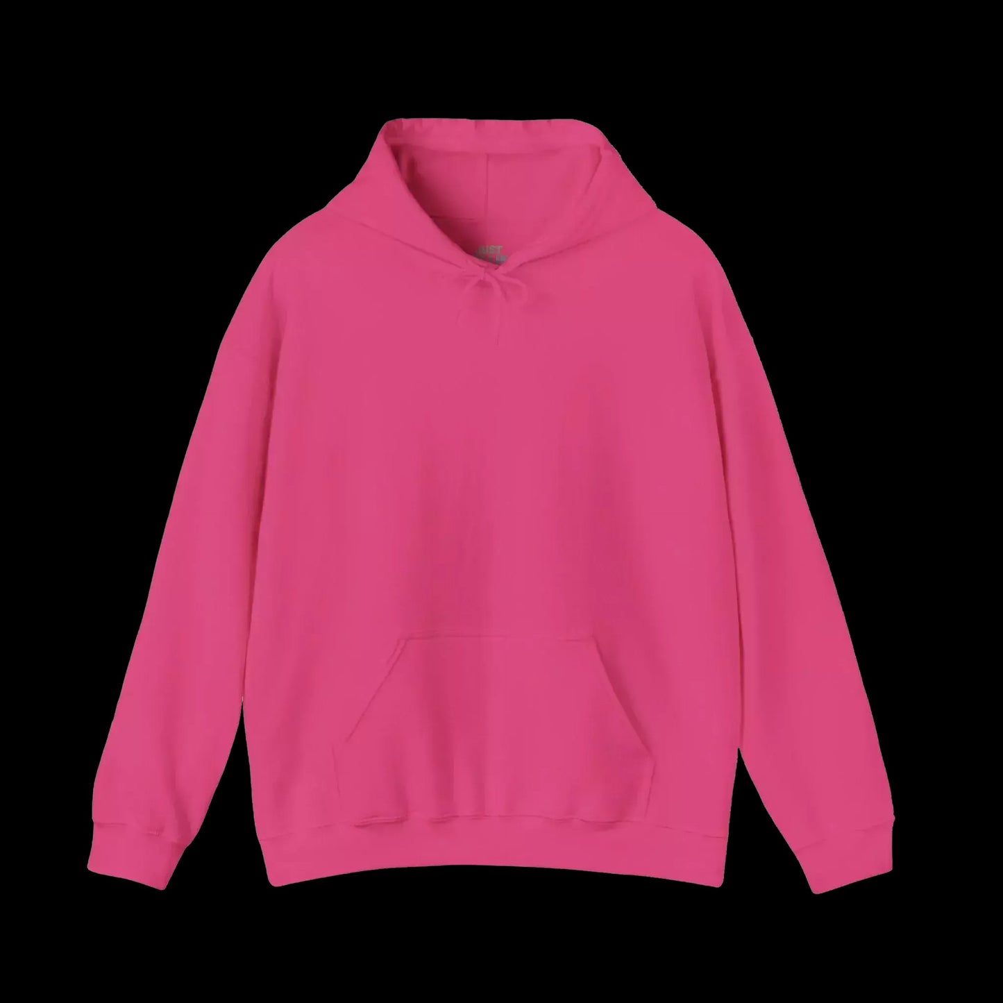 A bright pink hoodie is shown against a black background.