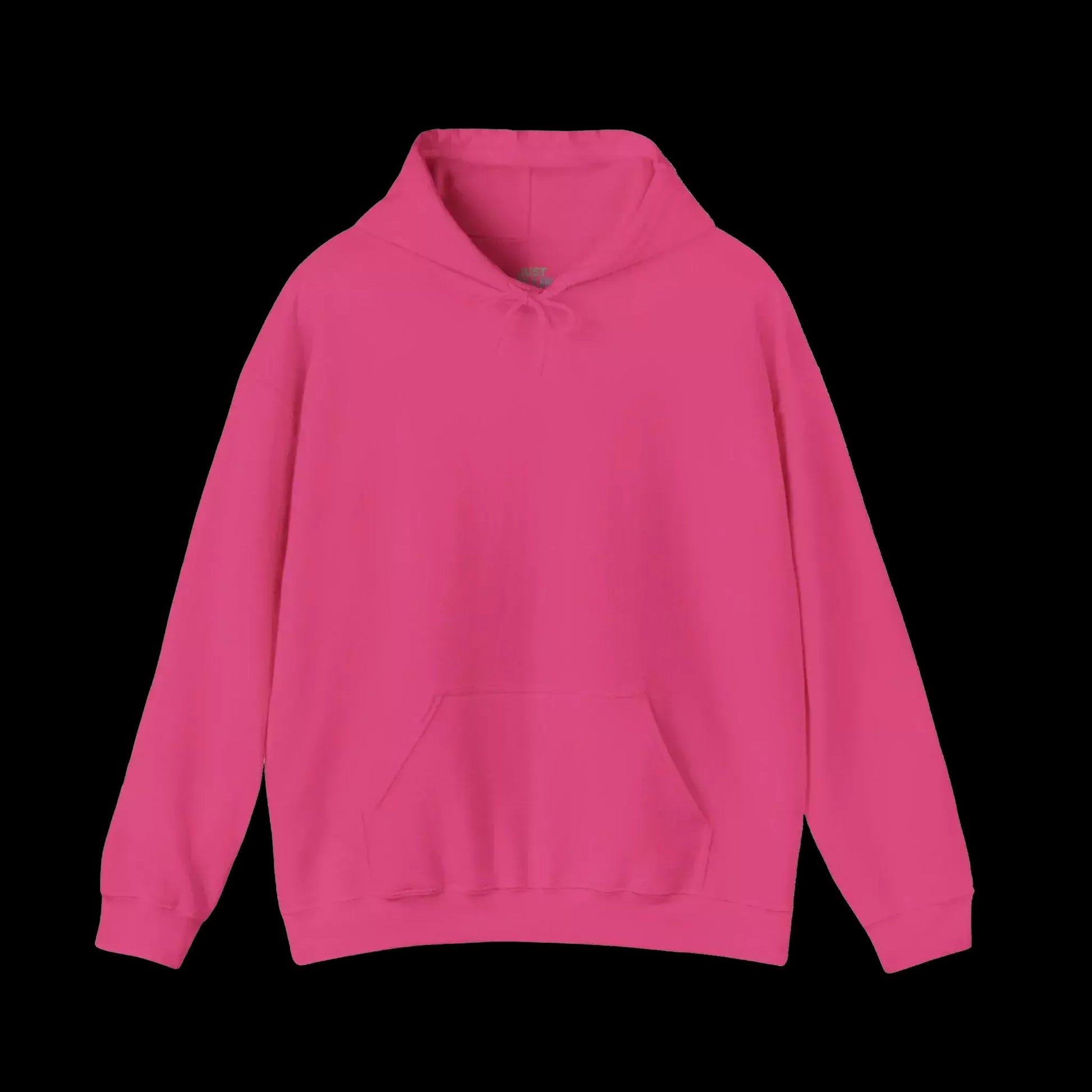 A bright pink hoodie is shown against a black background.
