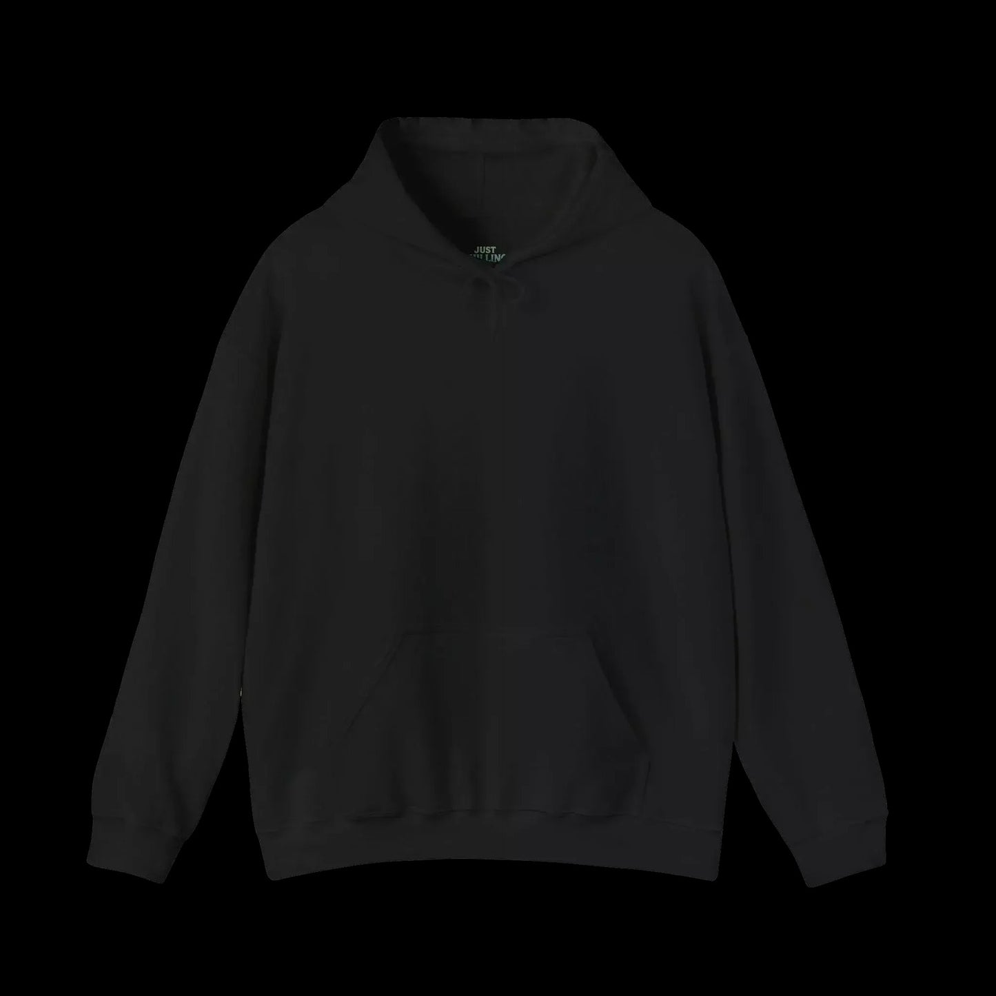 A black hoodie with a small logo on the left side.