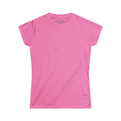 A pink t-shirt is shown against a black background.