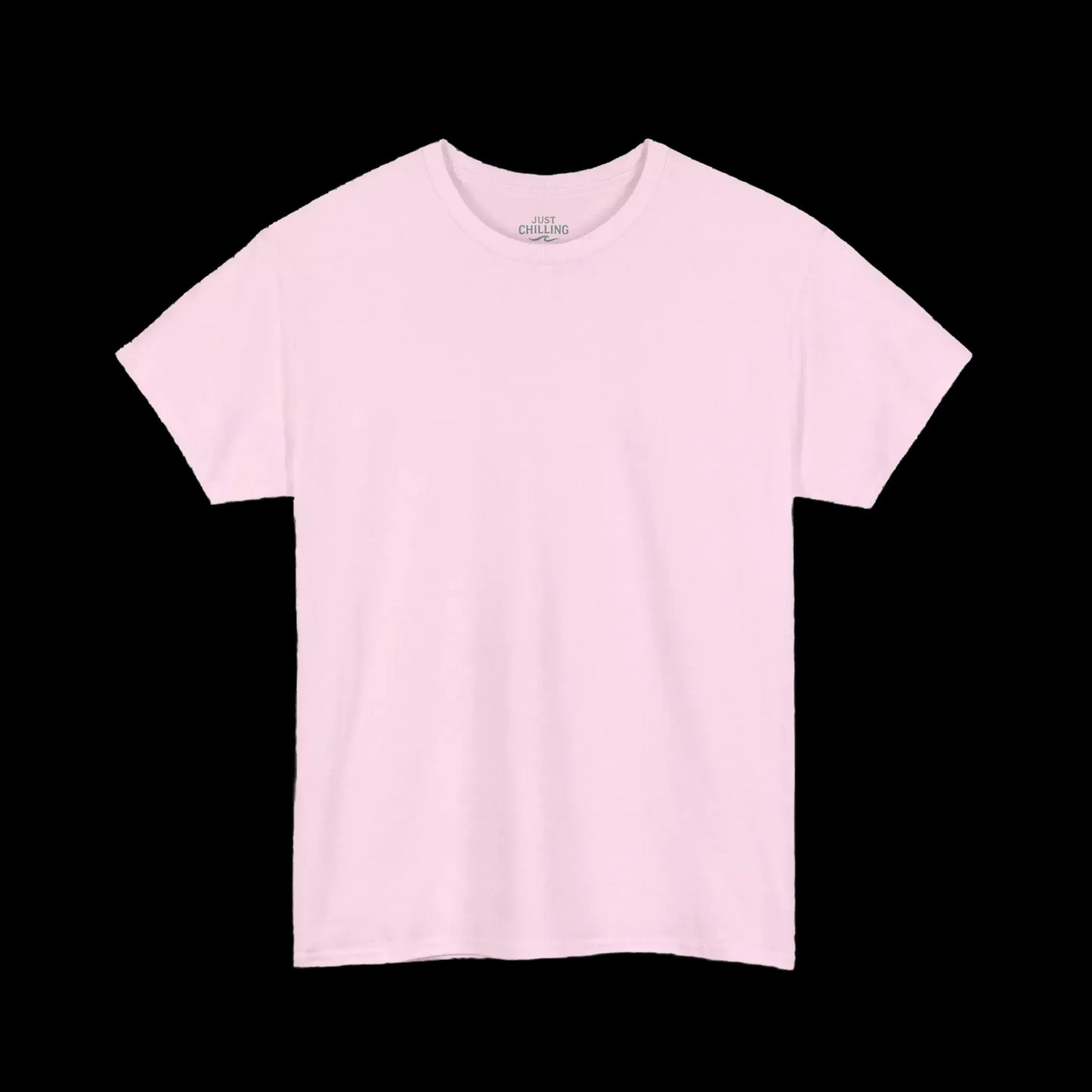 A plain, light pink t-shirt is shown against a black background.