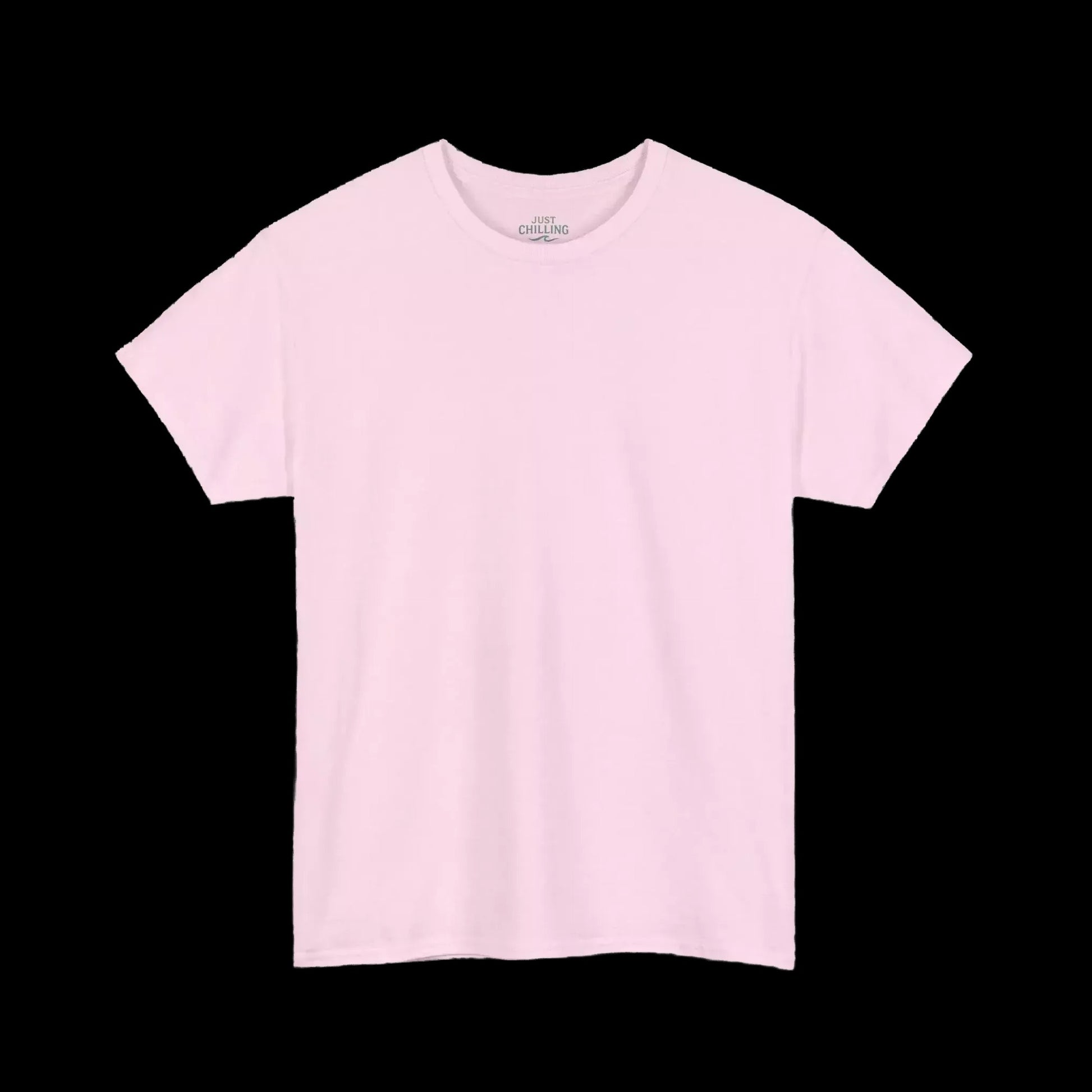 A plain, light pink t-shirt is shown against a black background.