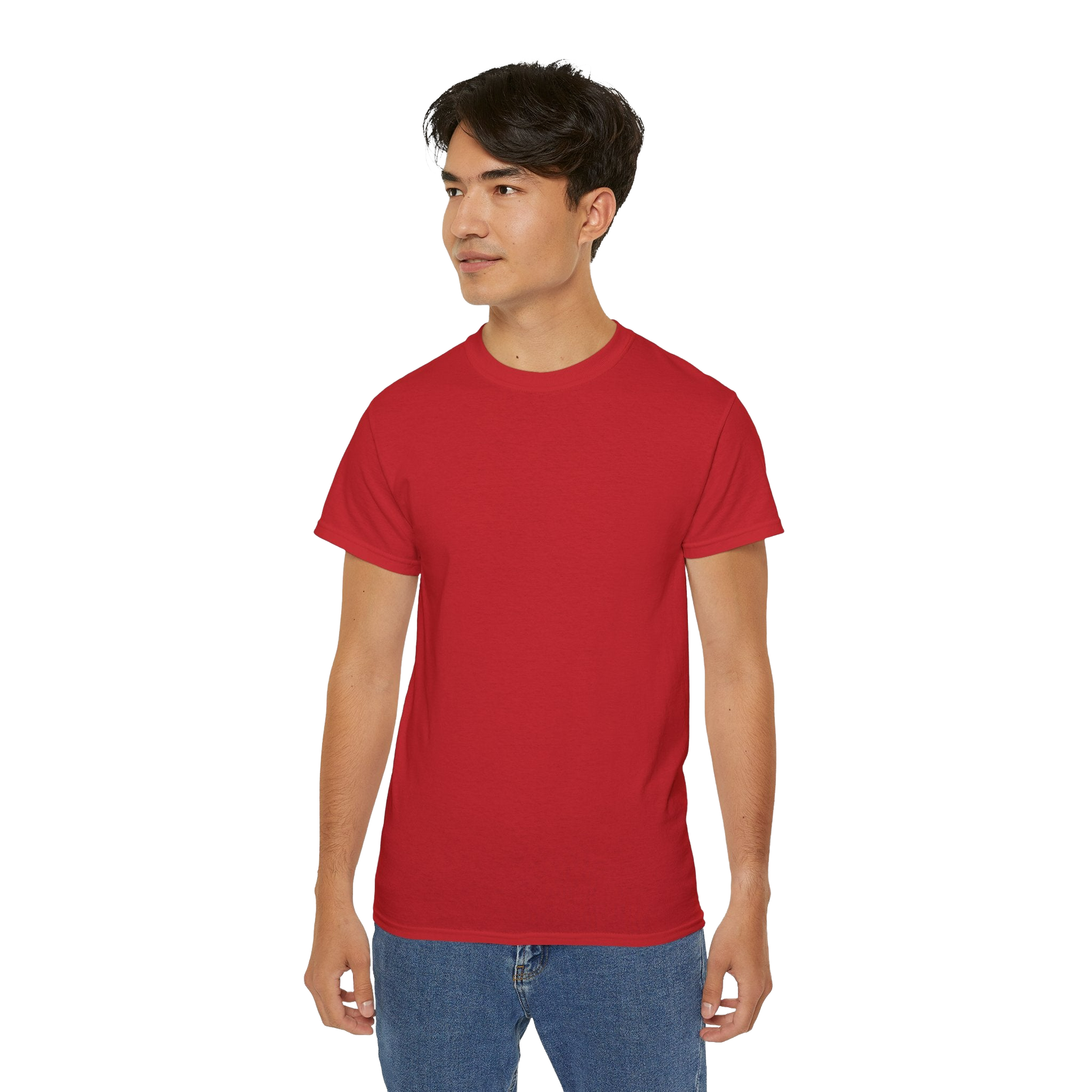 A young man wearing a red t-shirt stands against a black background.