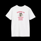 Unisex Heavy Cotton Tee running on coffee chaos and curses - Just Chilling Inc.