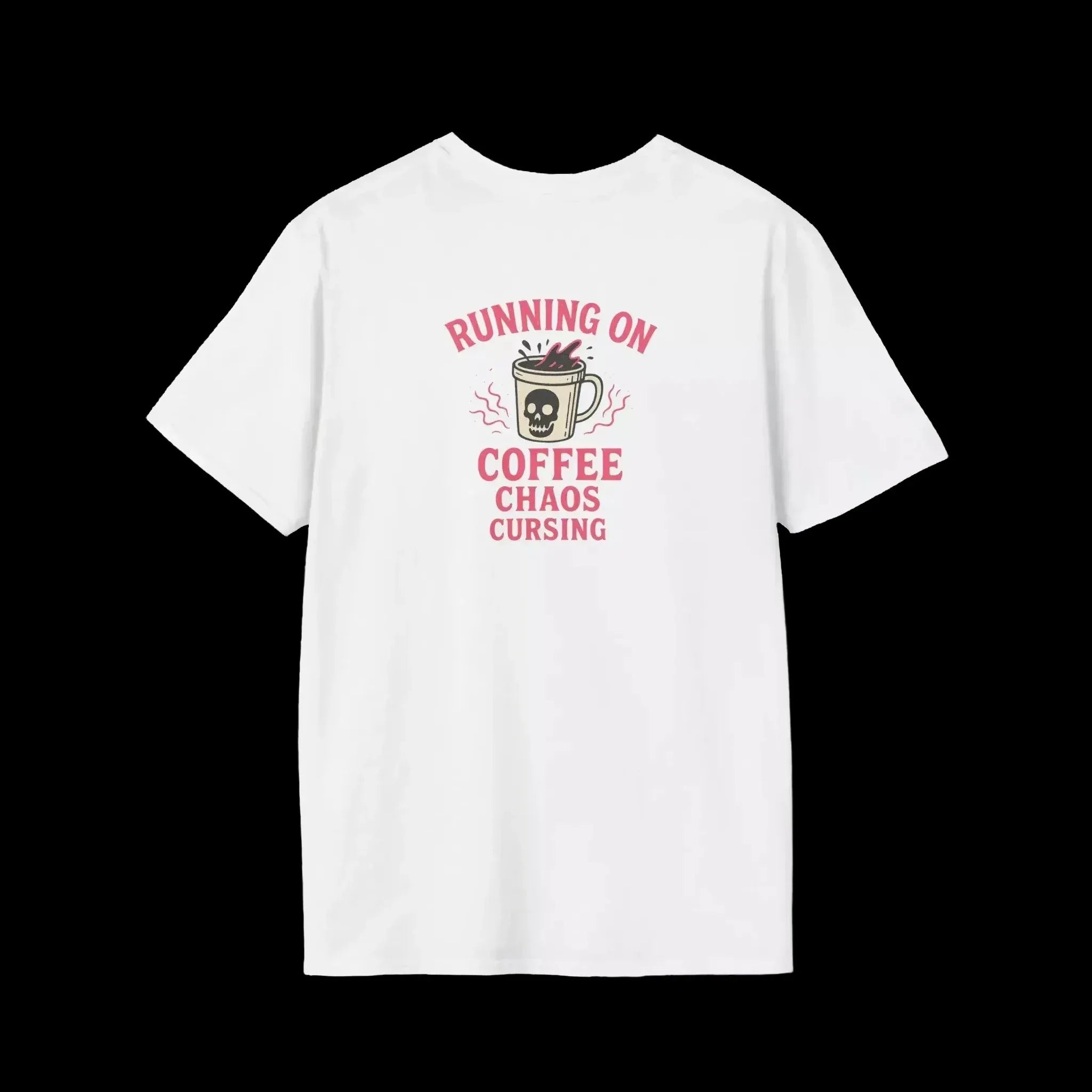 Unisex Heavy Cotton Tee running on coffee chaos and curses - Just Chilling Inc.