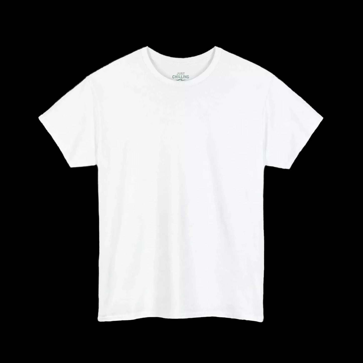 A plain white t-shirt against a black background.