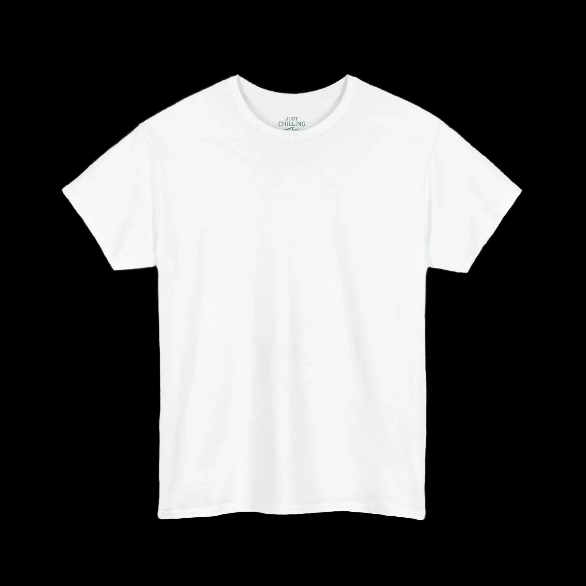 A plain white t-shirt against a black background.