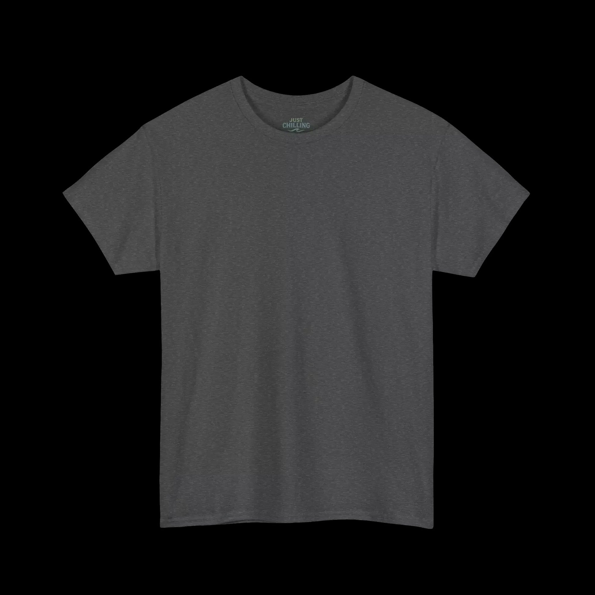 A plain gray t-shirt against a black background.